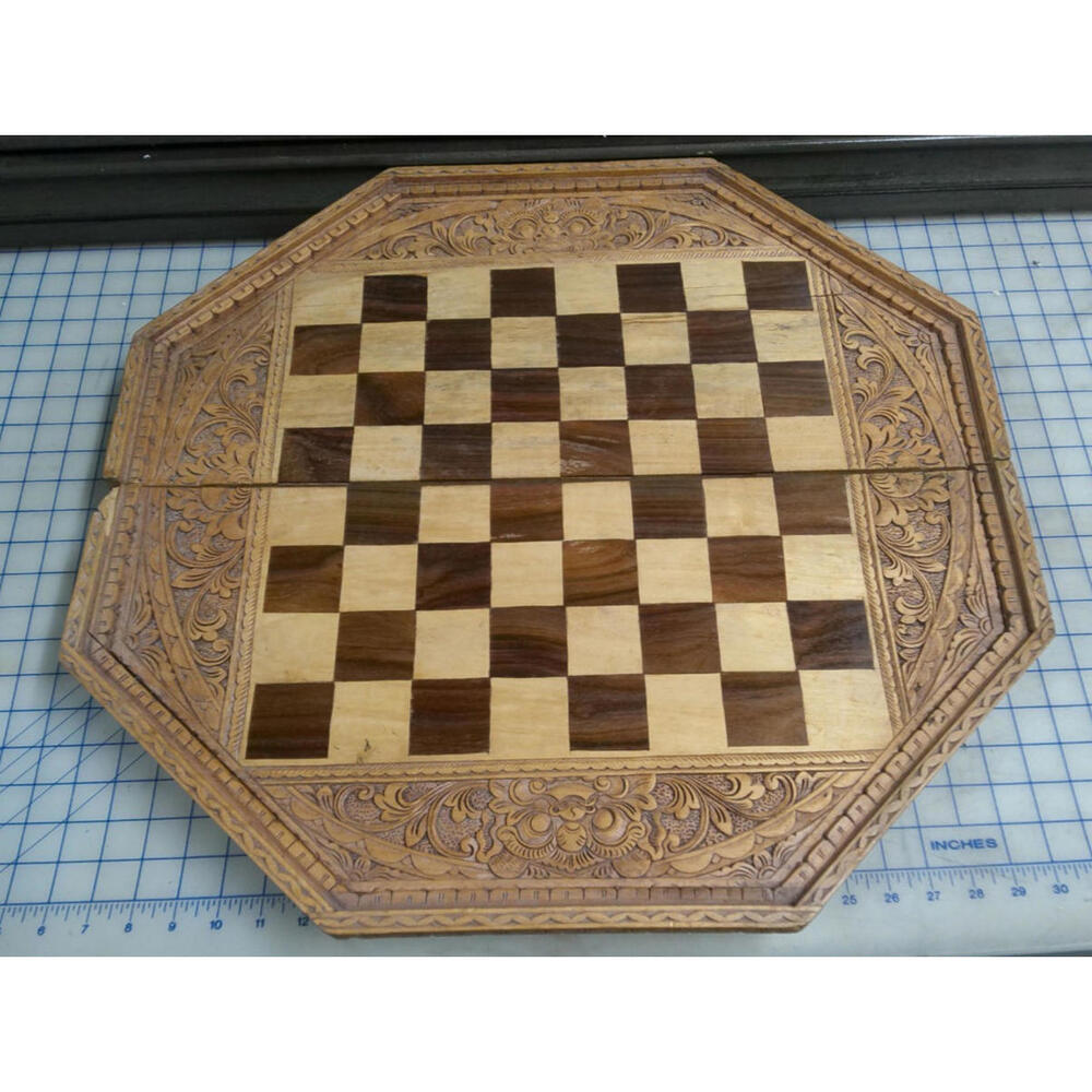Vintage Wooden Chess Backgammon Board Octagonal 24x23 Foldable AS IS